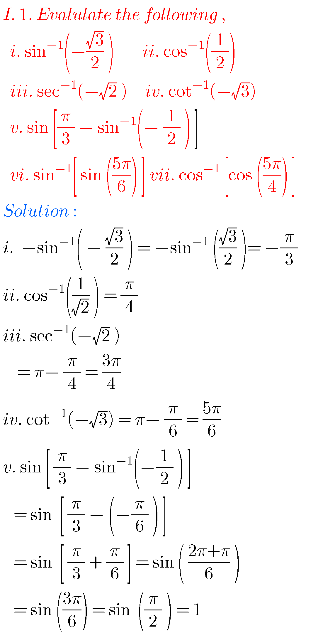 Inverse Trigonometric Functions,Intermediate First Year Mathematics 1A ...