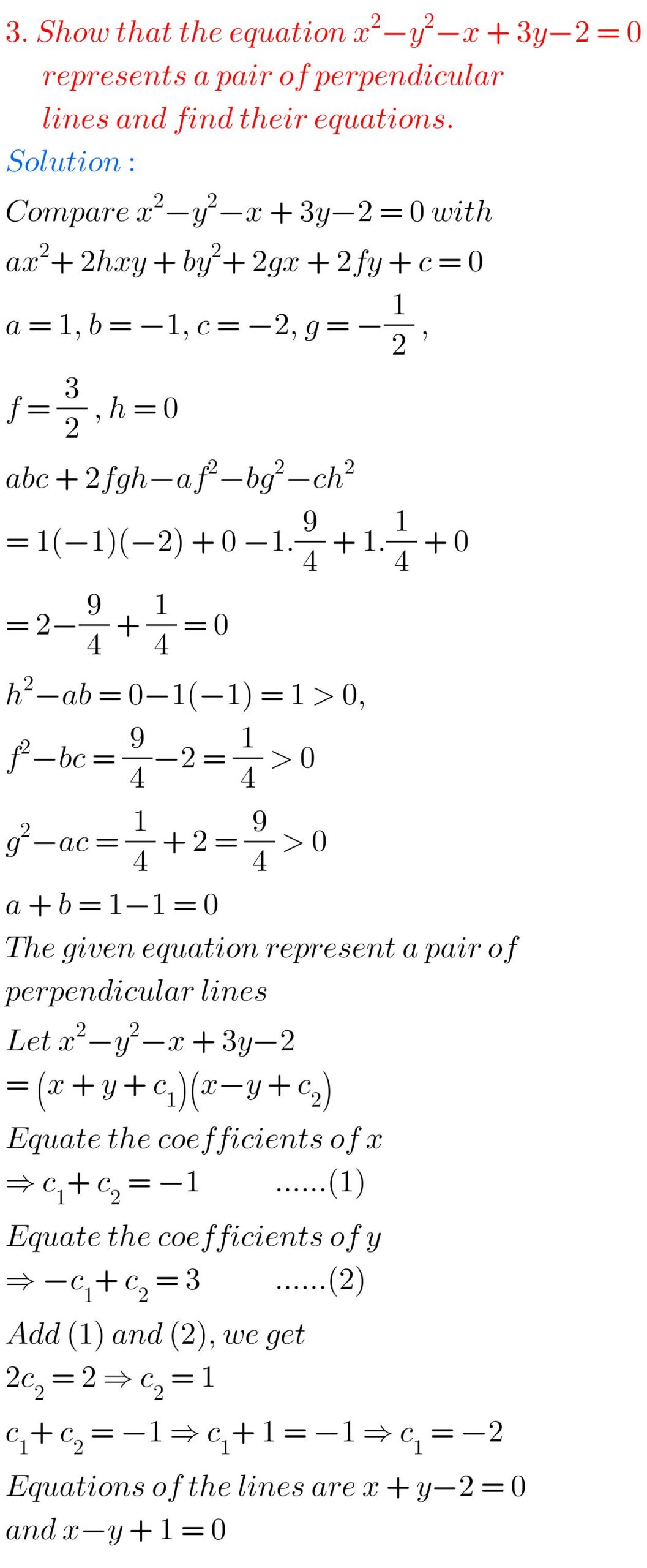 Inter Maths Solutions For Pair Of Straight Lines Exercise 4(b) - MATHS GLOW